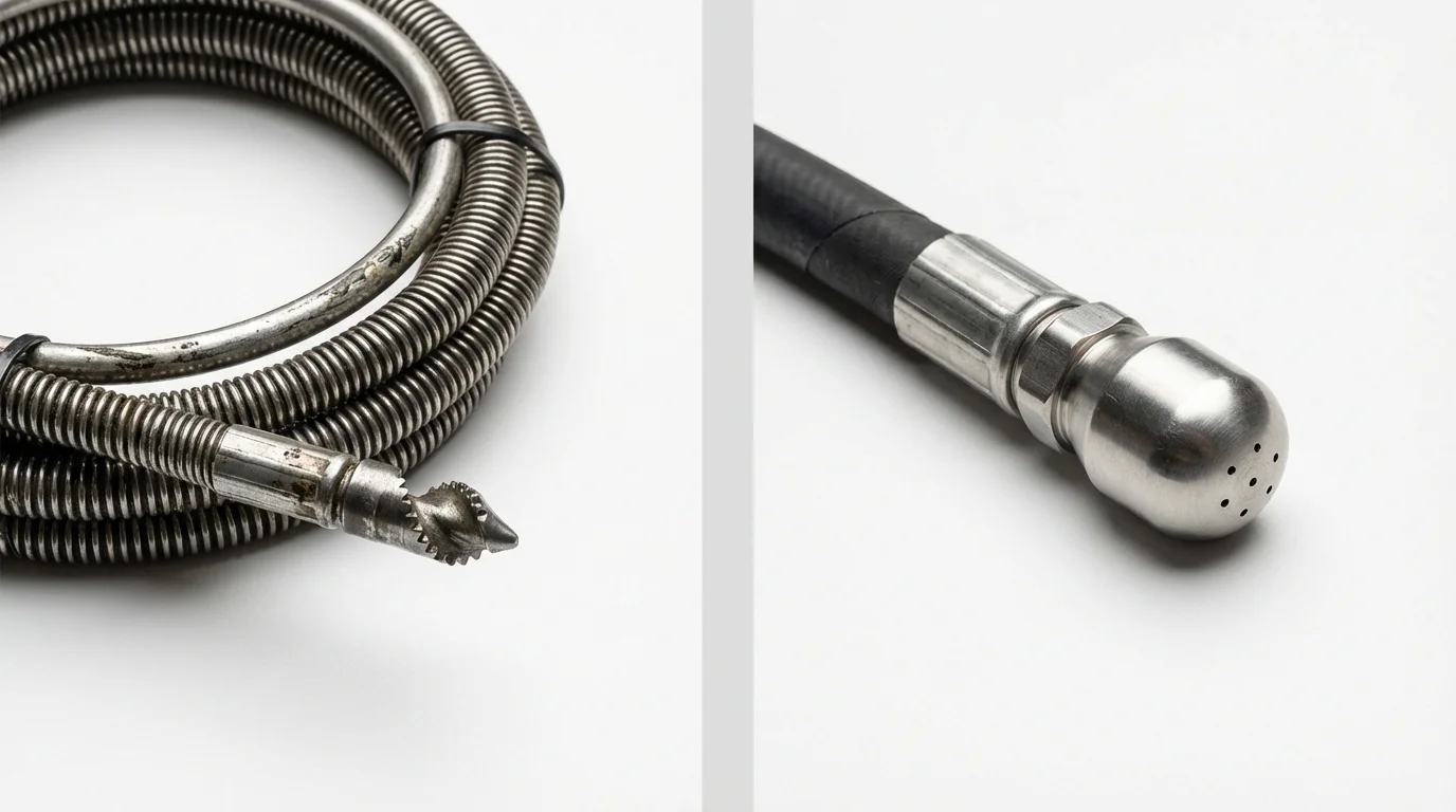 Drain snake cable and hydro jetting nozzle used for drain cleaning in Mahopac, NY